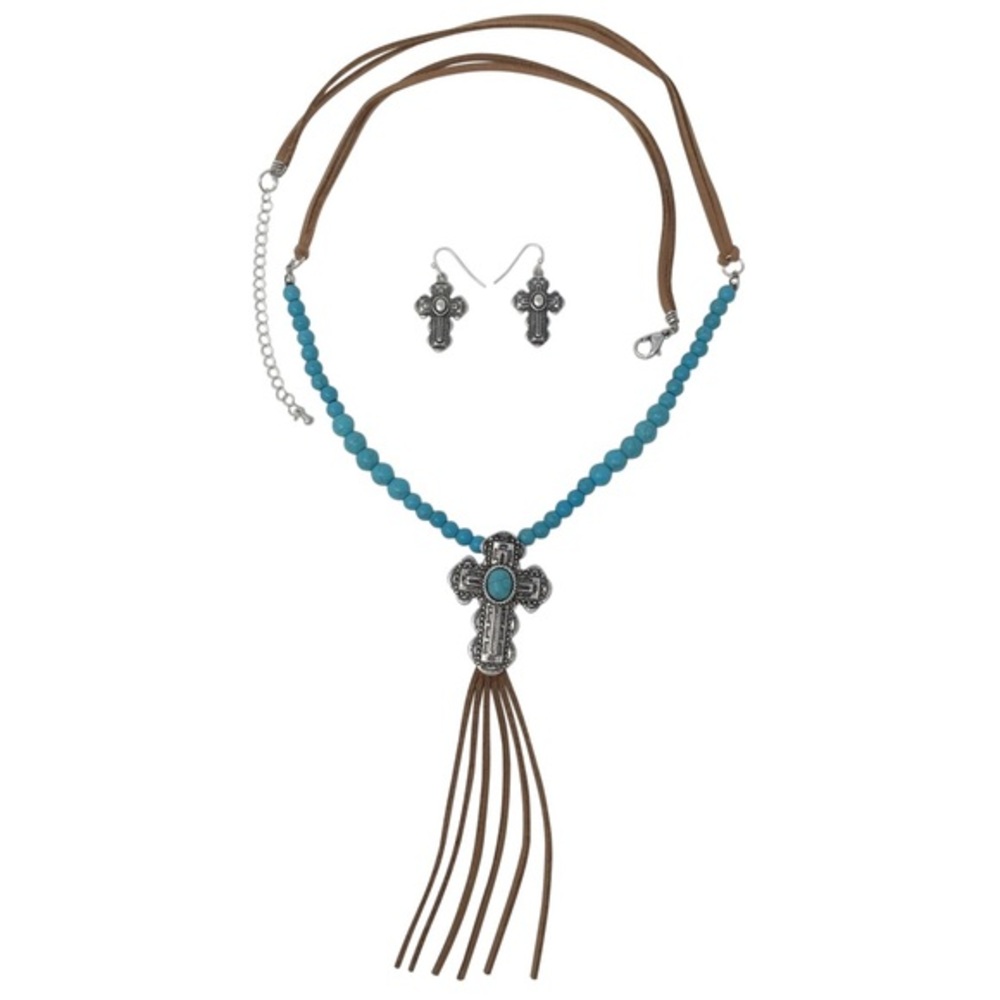 Long Turquoise Cross Suede Tassel Necklace Set